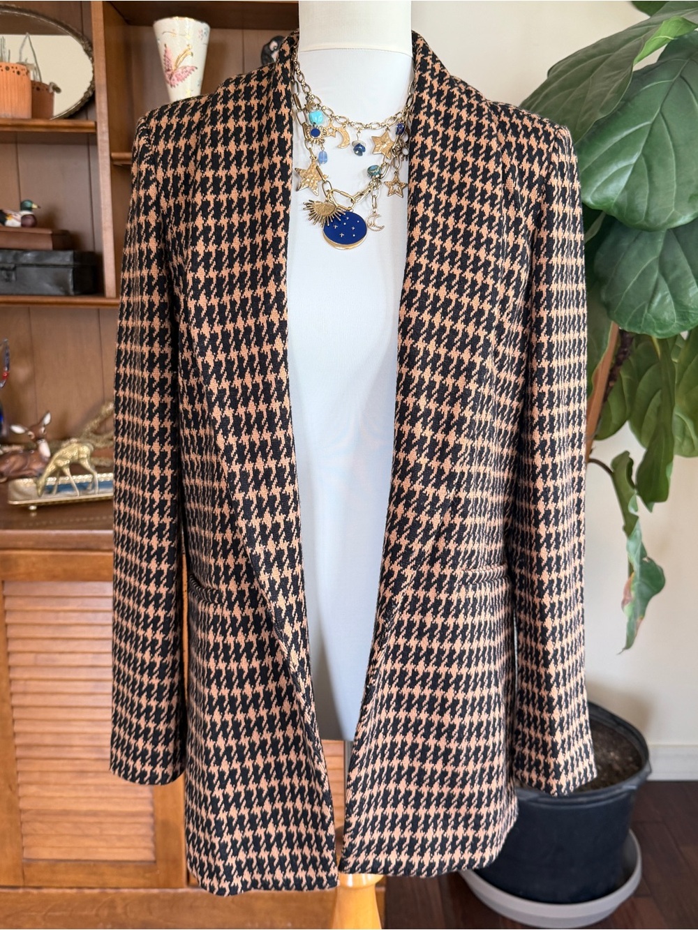 Johnston & Murphy Camel Tan & Black Houndstooth Sweater Blazer Jacket XS